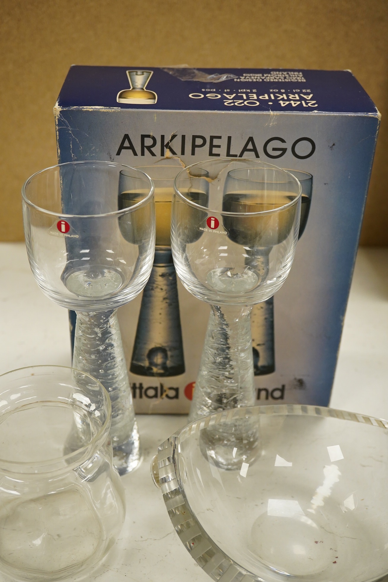 Boxed Littala Arkipelago glasses and four others, including Pukeberg, tallest 19cm high. Condition - good